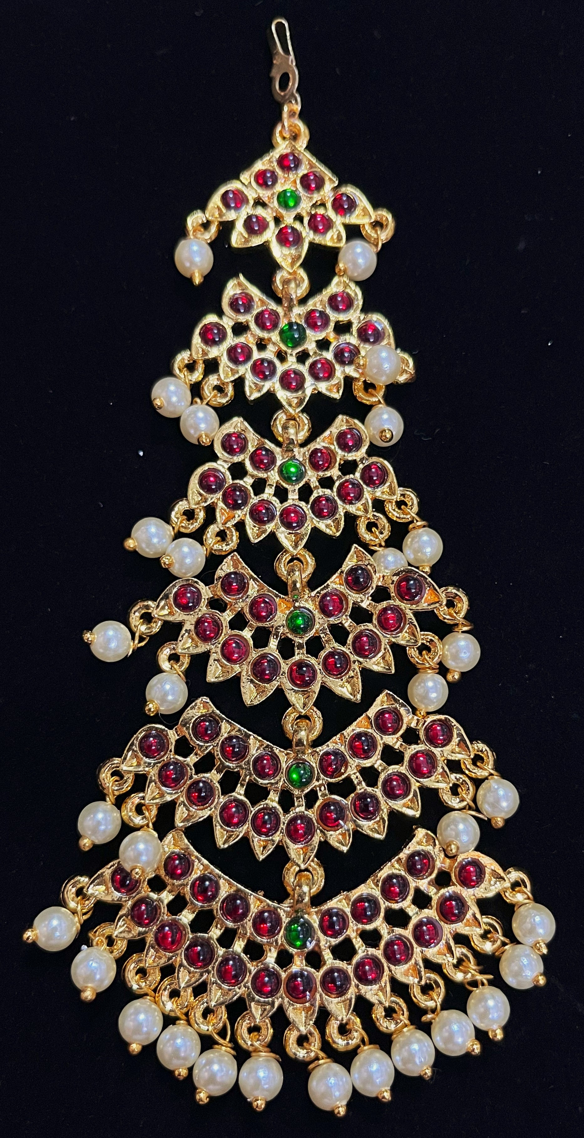Deity mang tika, Idol forehead jewellery - Pearls with read and green kemp stones on Gold plated metal alloy 1