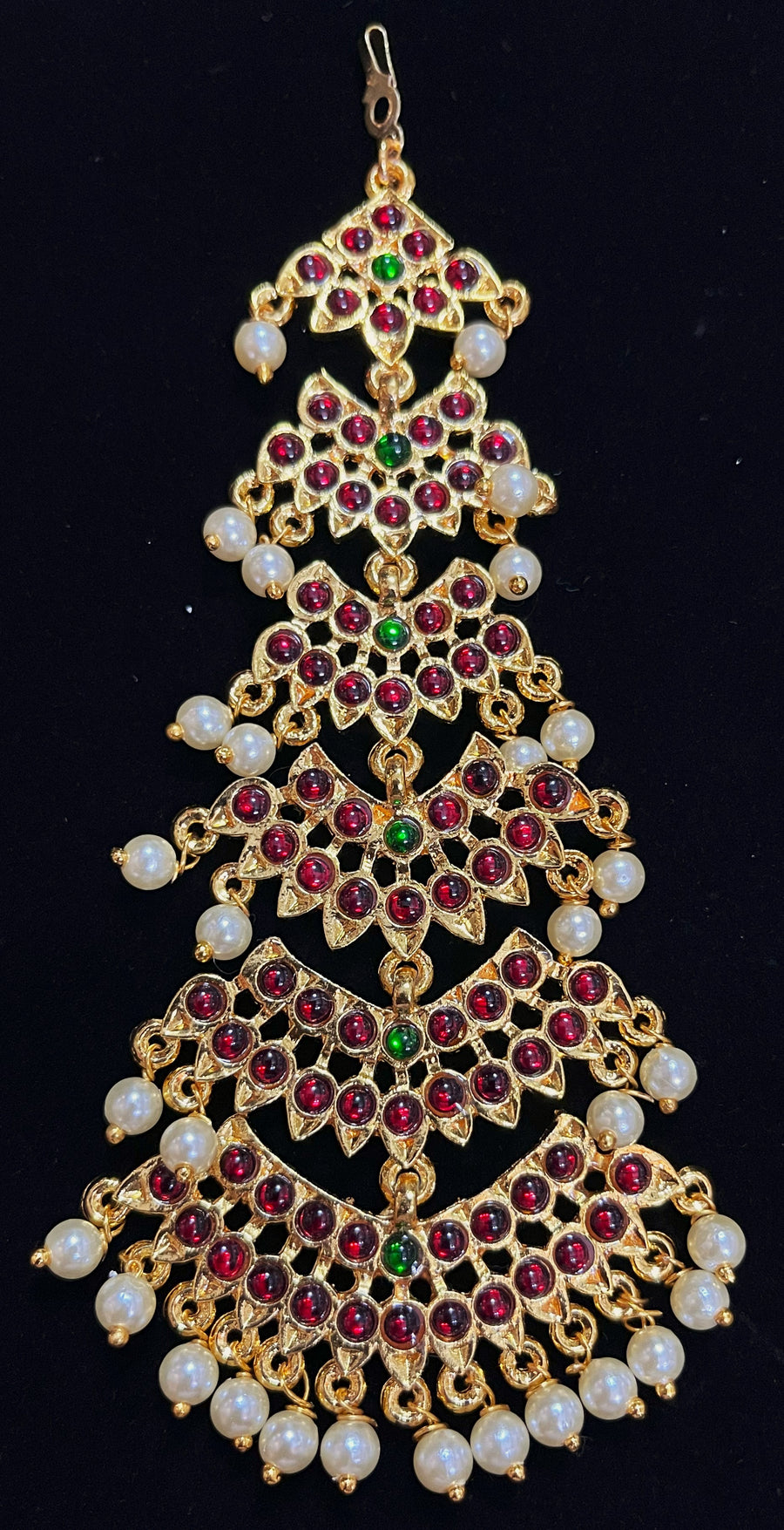 Deity mang tika, Idol forehead jewellery - Pearls with read and green kemp stones on Gold plated metal alloy