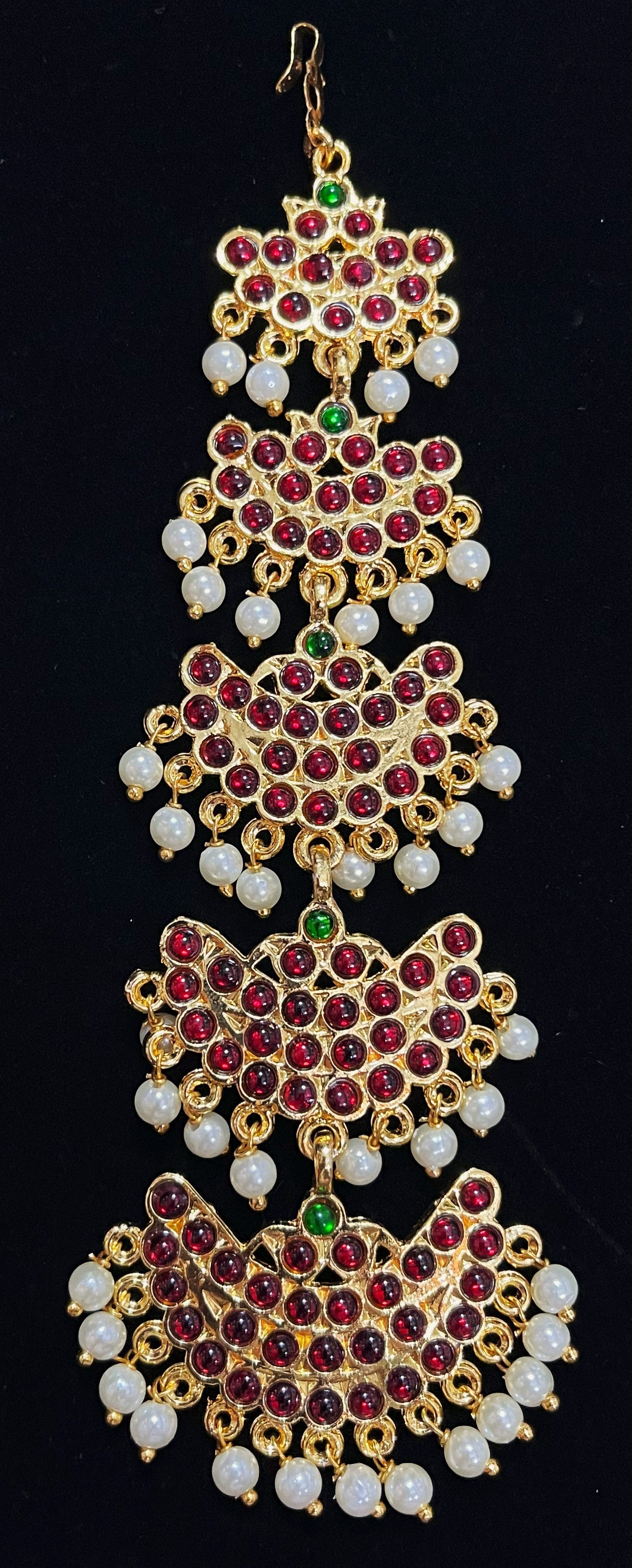 Deity mang tika, Idol forehead jewellery - Pearls with read and green kemp stones on Gold plated metal alloy 1