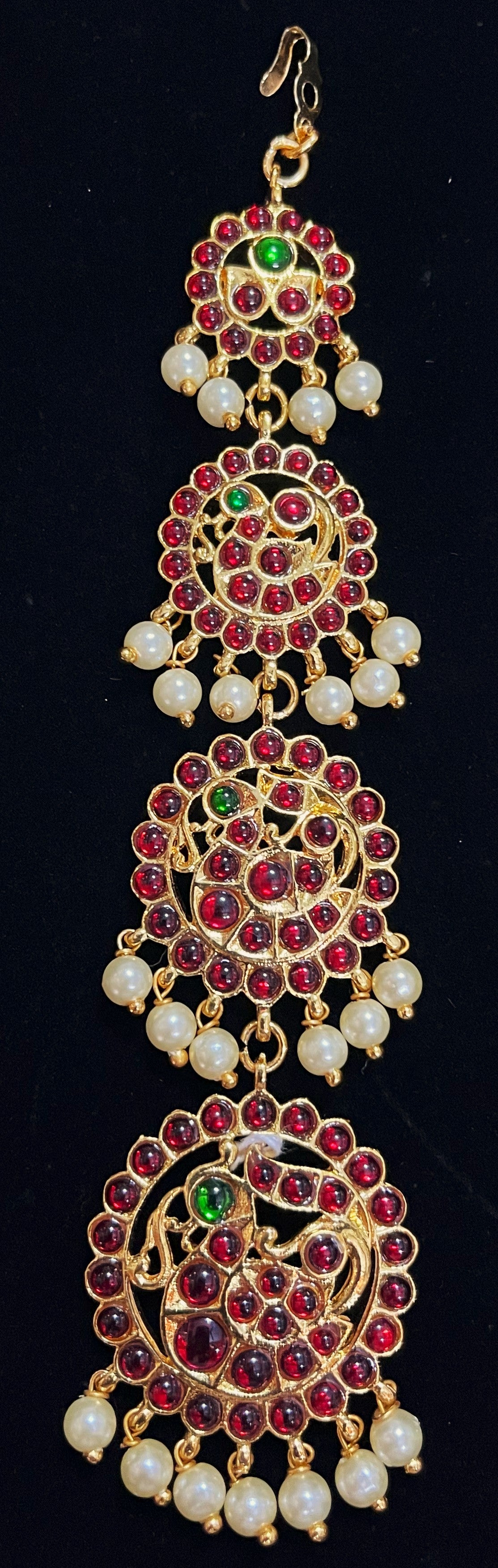Deity mang tika, Idol forehead jewellery - Pearls with read and green kemp stones on Gold plated metal alloy 1