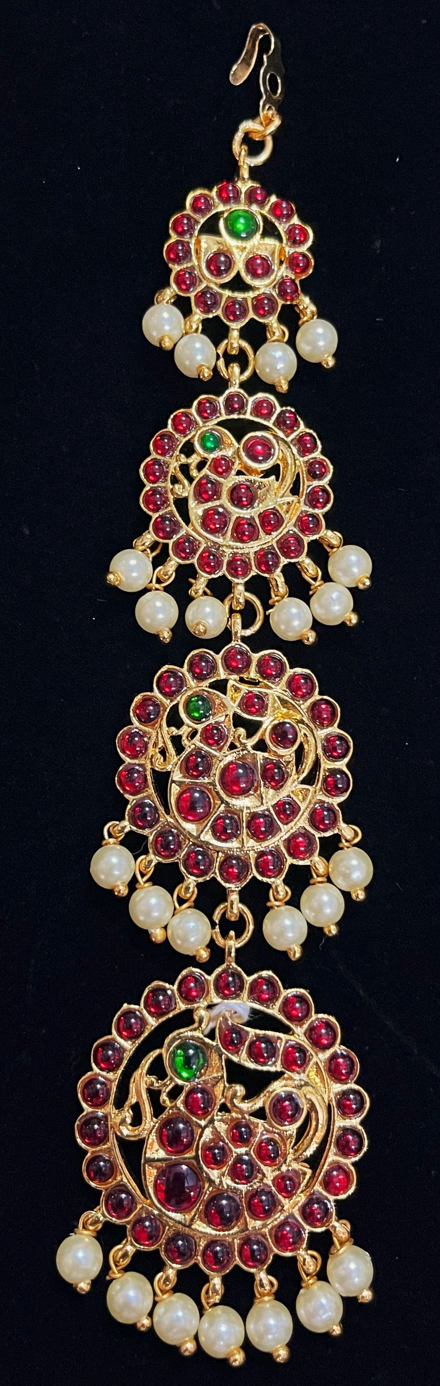 Deity mang tika, Idol forehead jewellery - Pearls with read and green kemp stones on Gold plated metal alloy