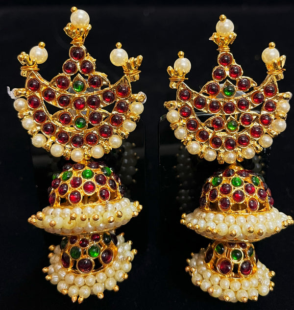 Deity earrings - Pearls with read and green kemp stones on Gold plated metal alloy
