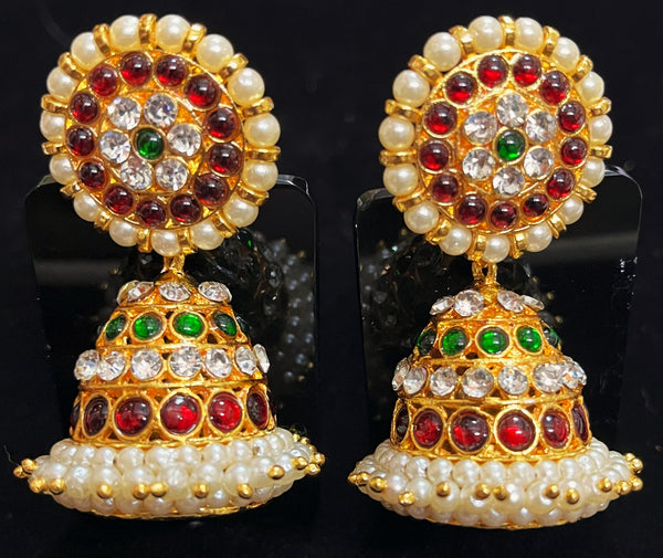 Deity earrings - Pearls with read and green kemp stones on Gold plated metal alloy