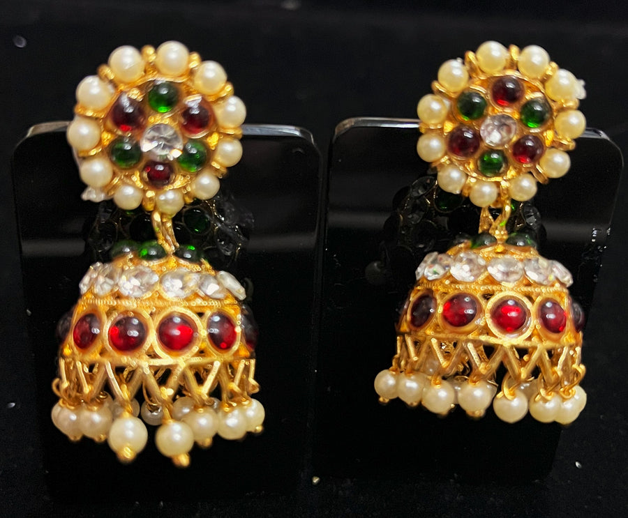 Deity earrings - Pearls with read and green kemp stones on Gold plated metal alloy