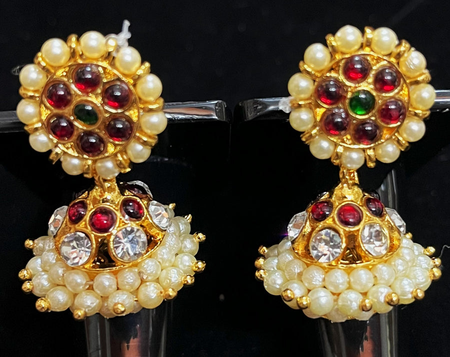 Deity earrings - Pearls with read and green kemp stones on Gold plated metal alloy