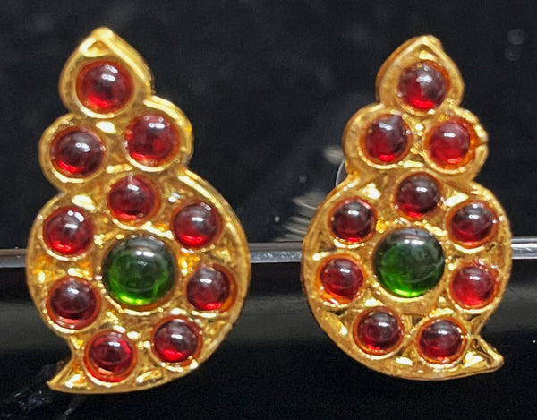 Deity earrings - Pearls with read and green kemp stones on Gold plated metal alloy