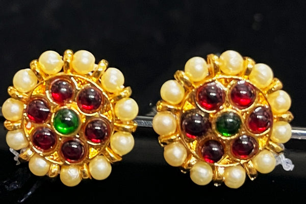 Deity earrings - Pearls with read and green kemp stones on Gold plated metal alloy