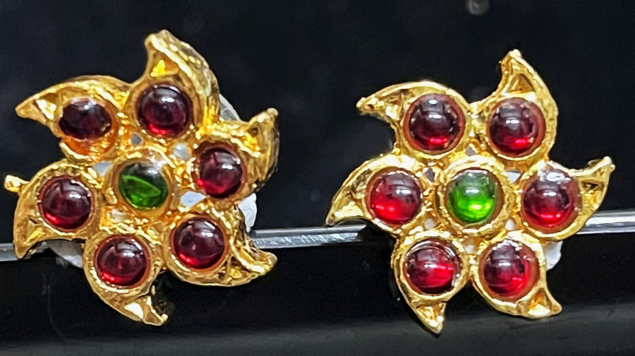 Deity earrings - Pearls with read and green kemp stones on Gold plated metal alloy