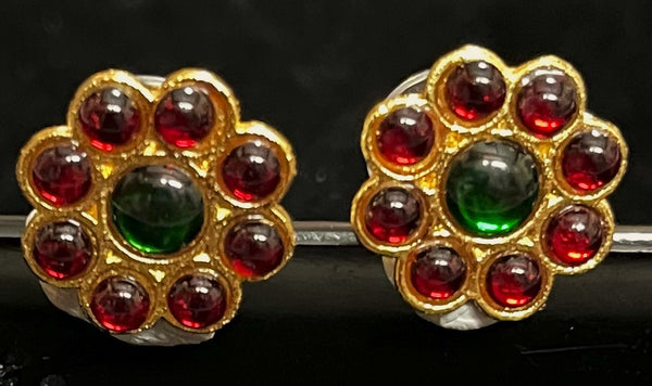 Deity earrings - Pearls with read and green kemp stones on Gold plated metal alloy