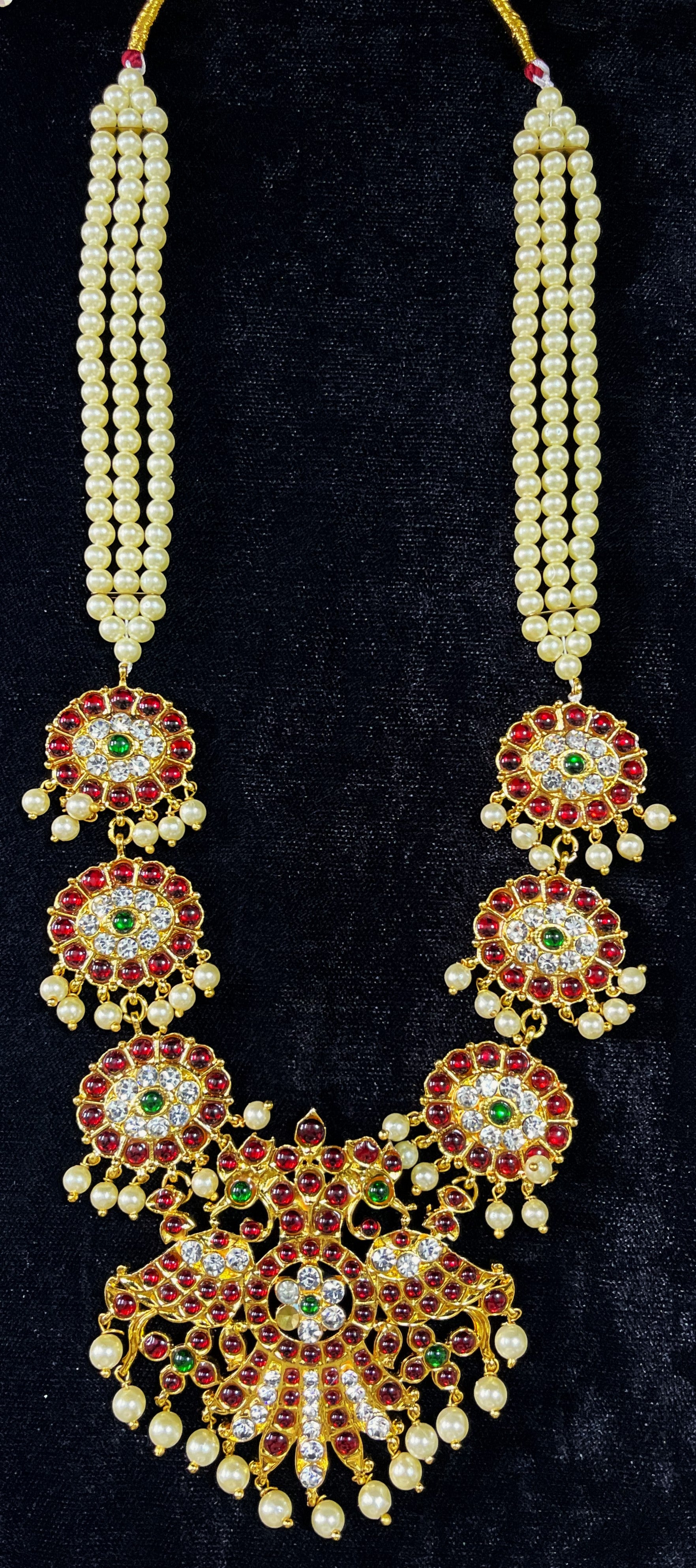 Deity long necklace / long mala - Pearls with read and green kemp stones on Gold plated metal alloy 1