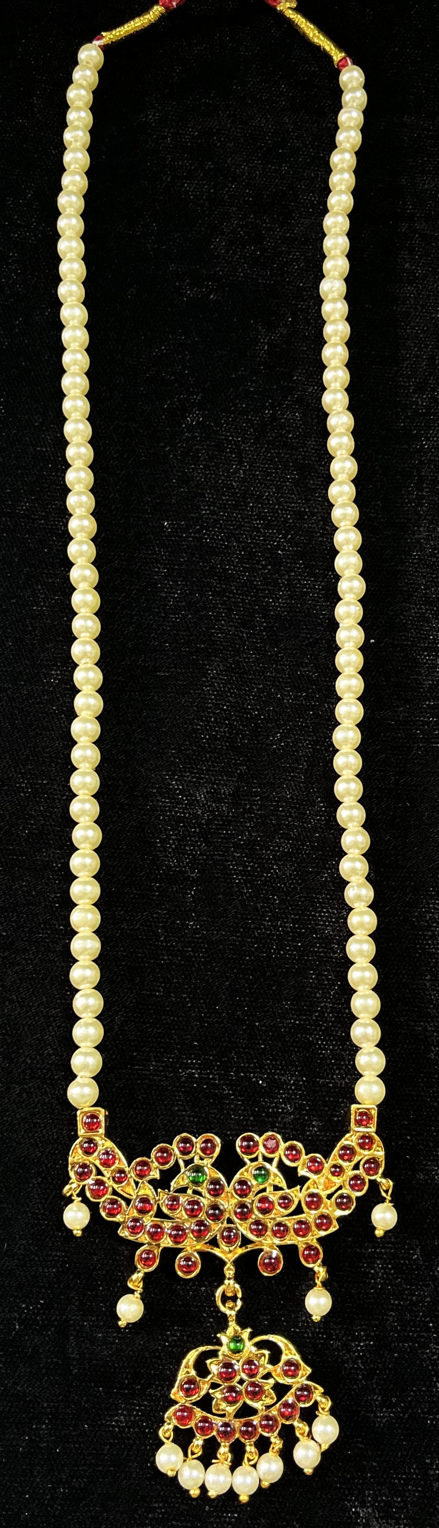 Deity long necklace / long mala - Pearls with read and green kemp stones on Gold plated metal alloy