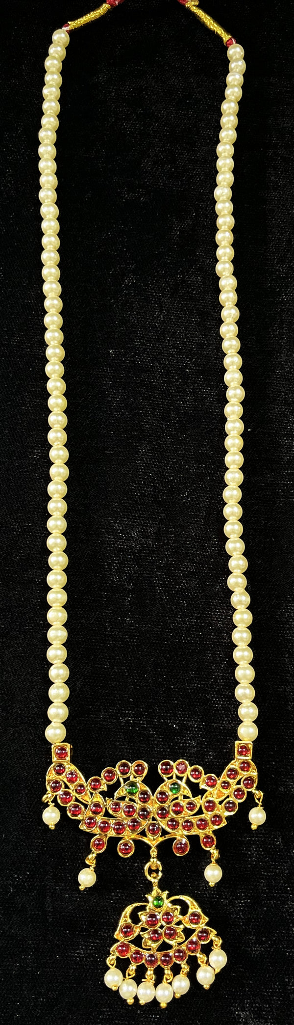 Deity long necklace / long mala - Pearls with read and green kemp stones on Gold plated metal alloy