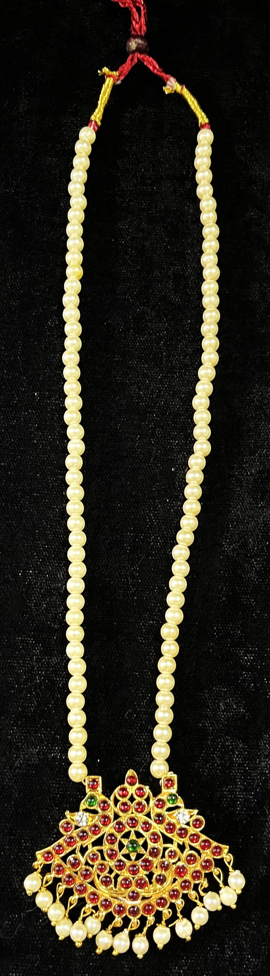 Deity long necklace / long mala - Pearls with read and green kemp stones on Gold plated metal alloy