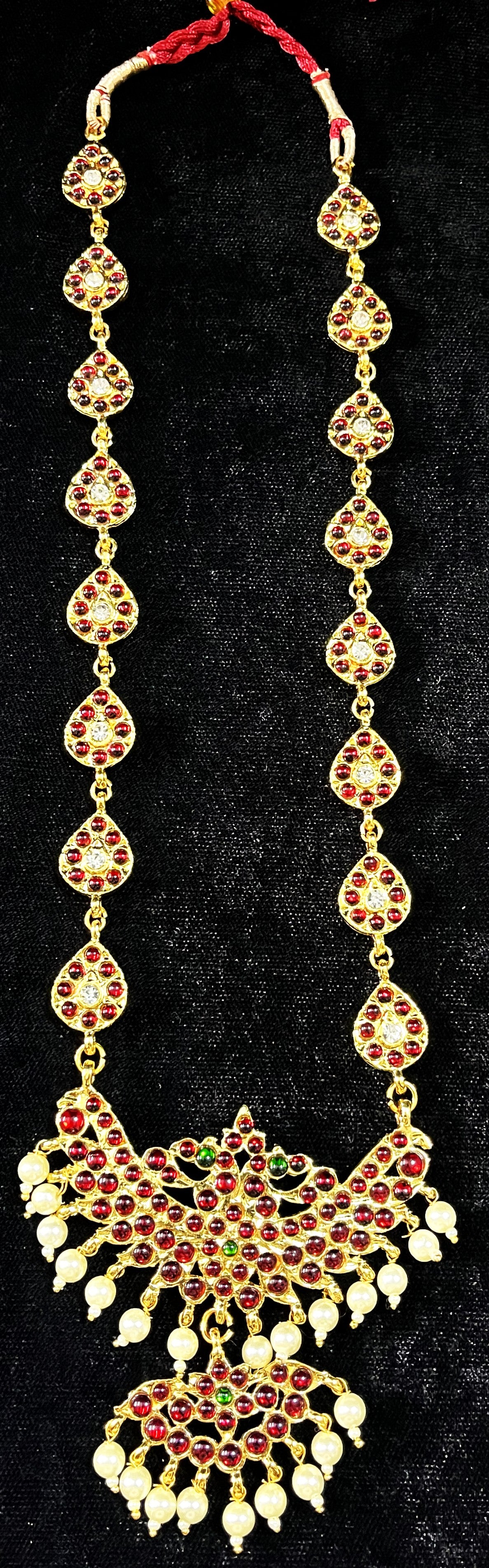 Deity long necklace / long mala - Pearls with read and green kemp stones on Gold plated metal alloy 1