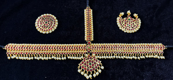 Deity mang tika, Idol forehead jewellery - Pearls with read and green kemp stones on Gold plated metal alloy