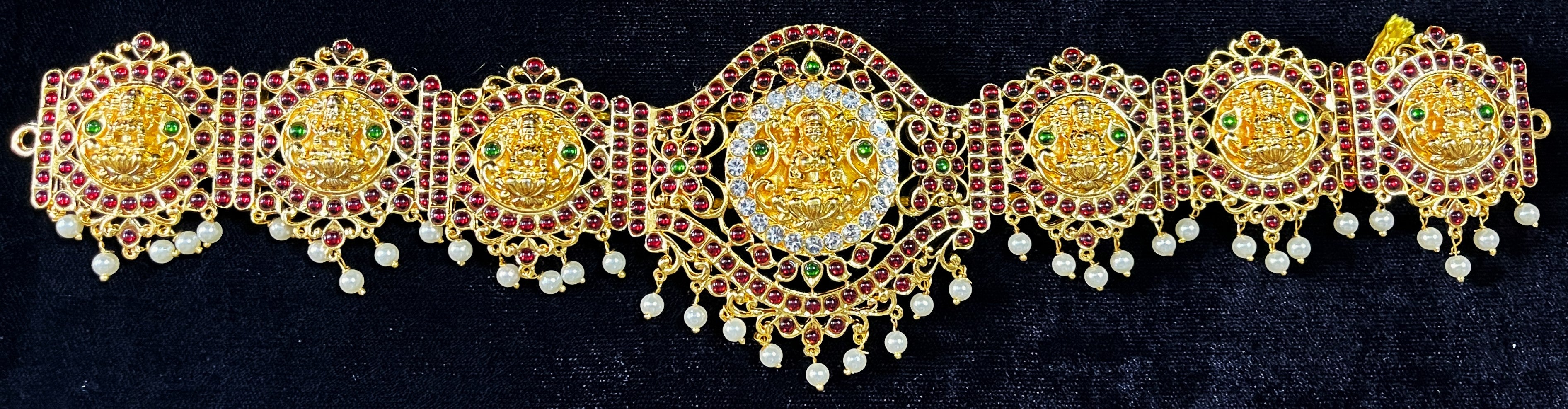 Deity waist belt, idol vaddanam - Pearls with read and green kemp stones on Gold plated metal alloy 1