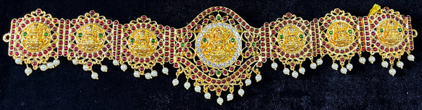 Deity waist belt, idol vaddanam - Pearls with read and green kemp stones on Gold plated metal alloy