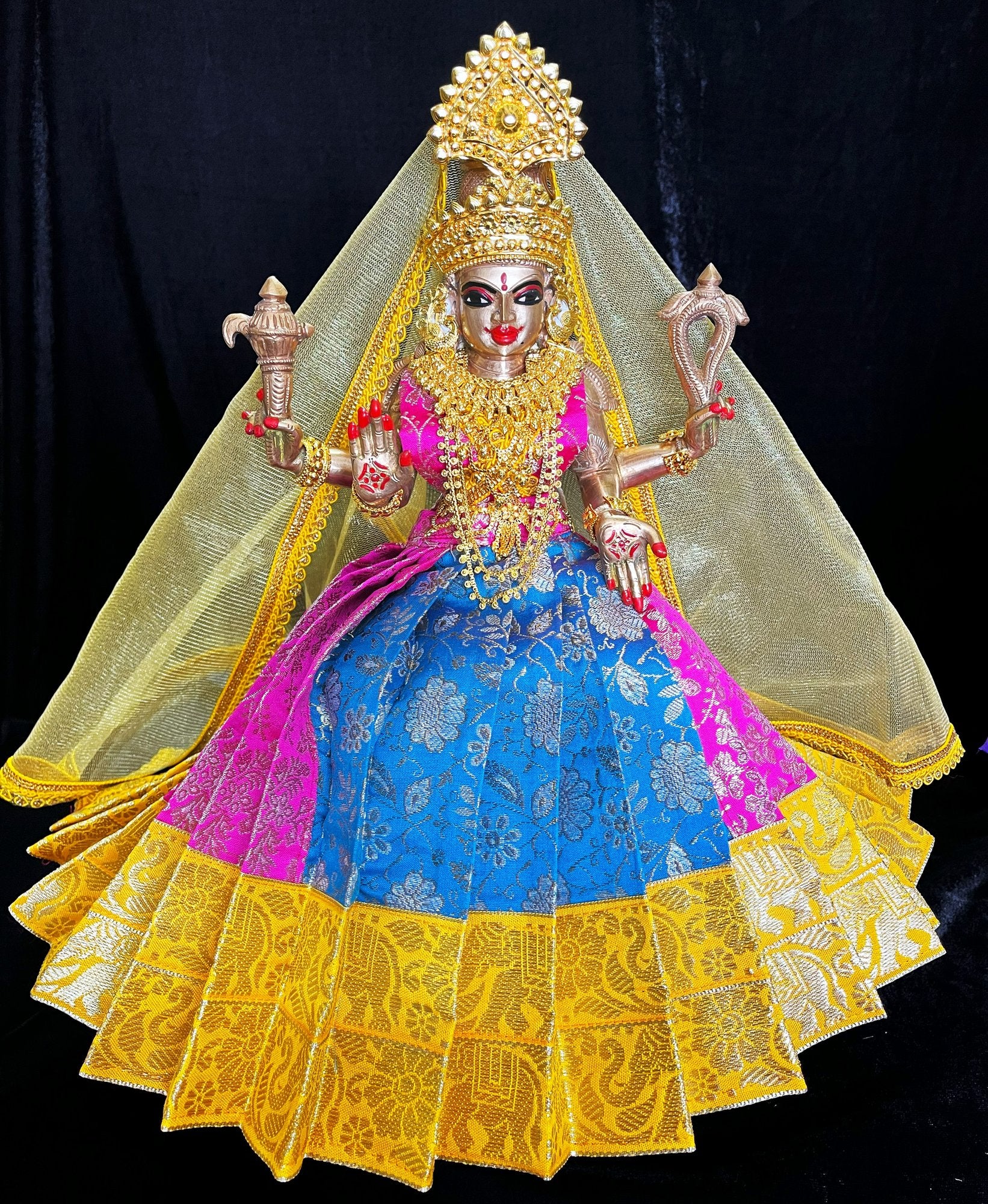Deity half saree / lehenga patka made of Brocade Silk Fabric (Pure Silk) - Pink and Sky Blue Lehenga with Yellow zari border and Gold net dupatta 2