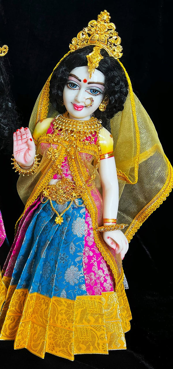 Deity half saree / lehenga patka made of Brocade Silk Fabric (Pure Silk) - Pink and Sky Blue Lehenga with Yellow zari border and Gold net dupatta