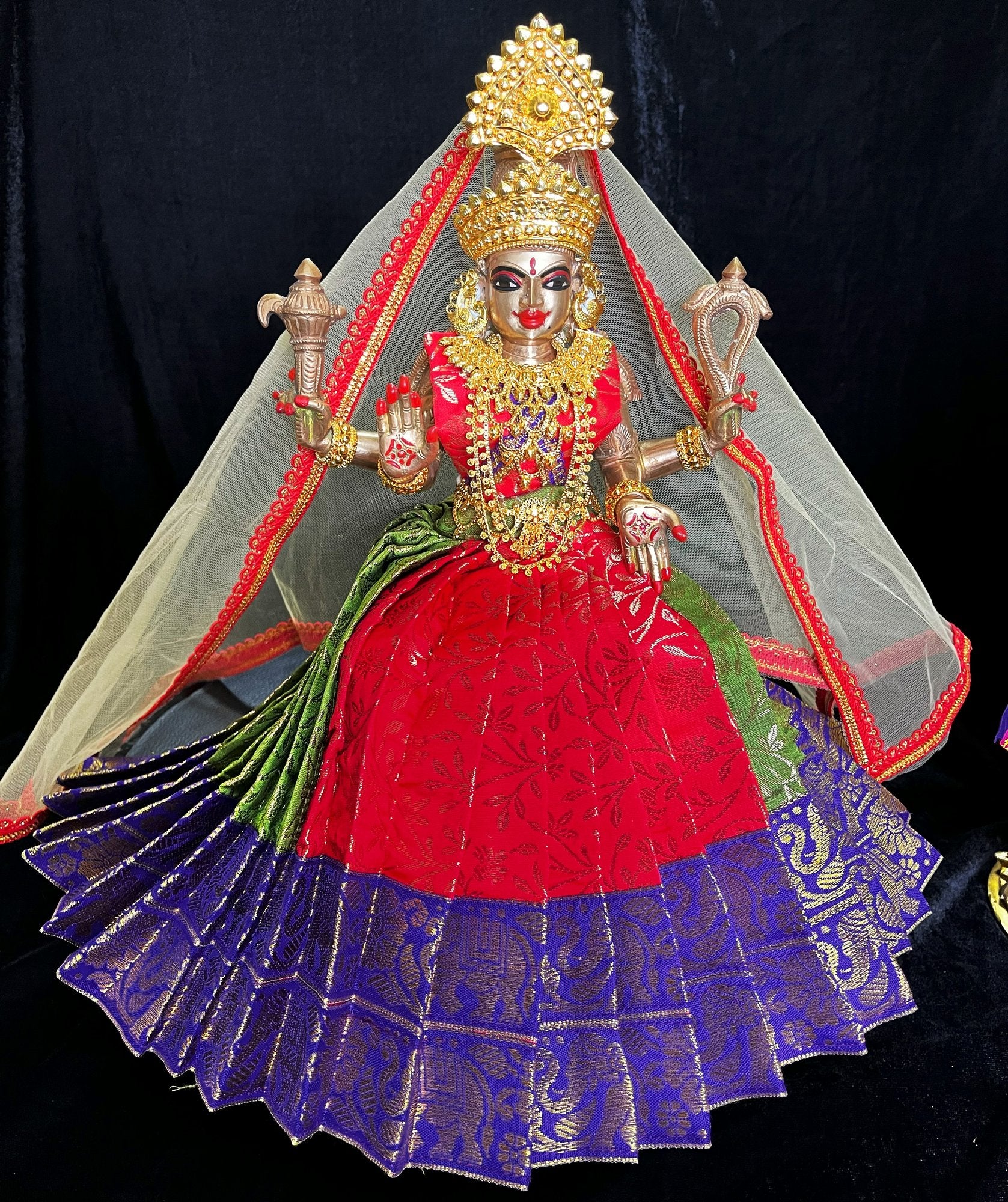 Deity half saree / lehenga patka made of Brocade Silk Fabric (Pure Silk) - Red and Sap Green Lehenga with   Blue zari border and Red net dupatta 2