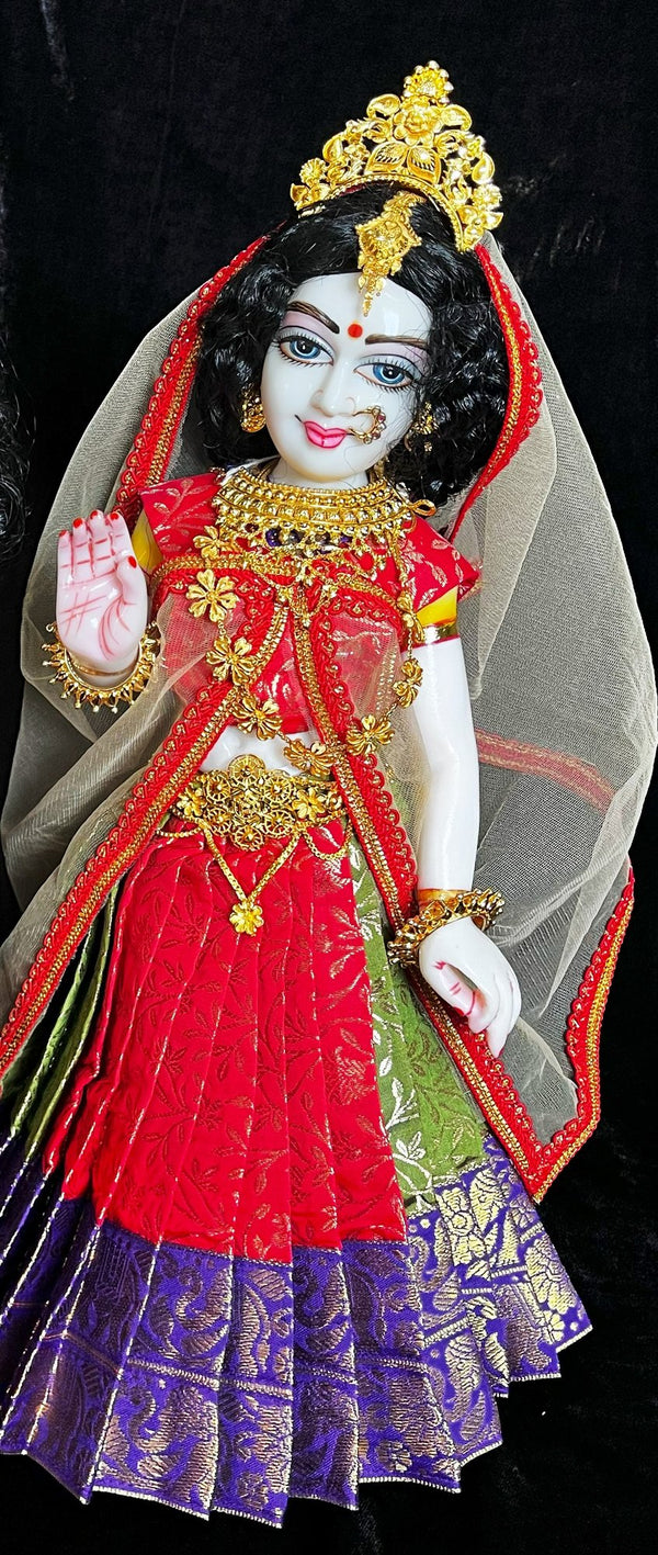 Deity half saree / lehenga patka made of Brocade Silk Fabric (Pure Silk) - Red and Sap Green Lehenga with   Blue zari border and Red net dupatta