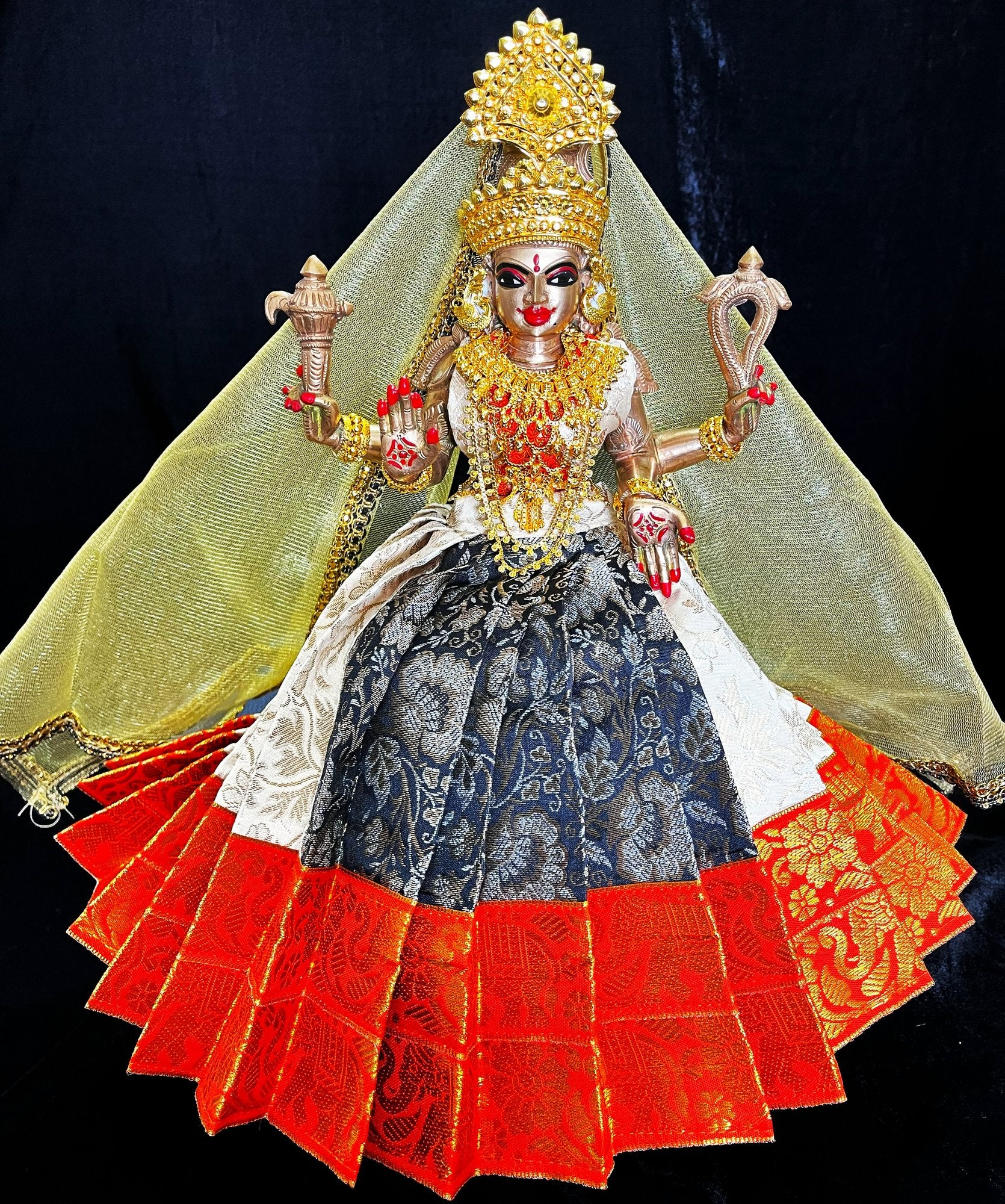 Deity half saree / lehenga patka made of Brocade Silk Fabric (Pure Silk) - Black and  white Lehenga with Orange zari border and Gold net dupatta 2