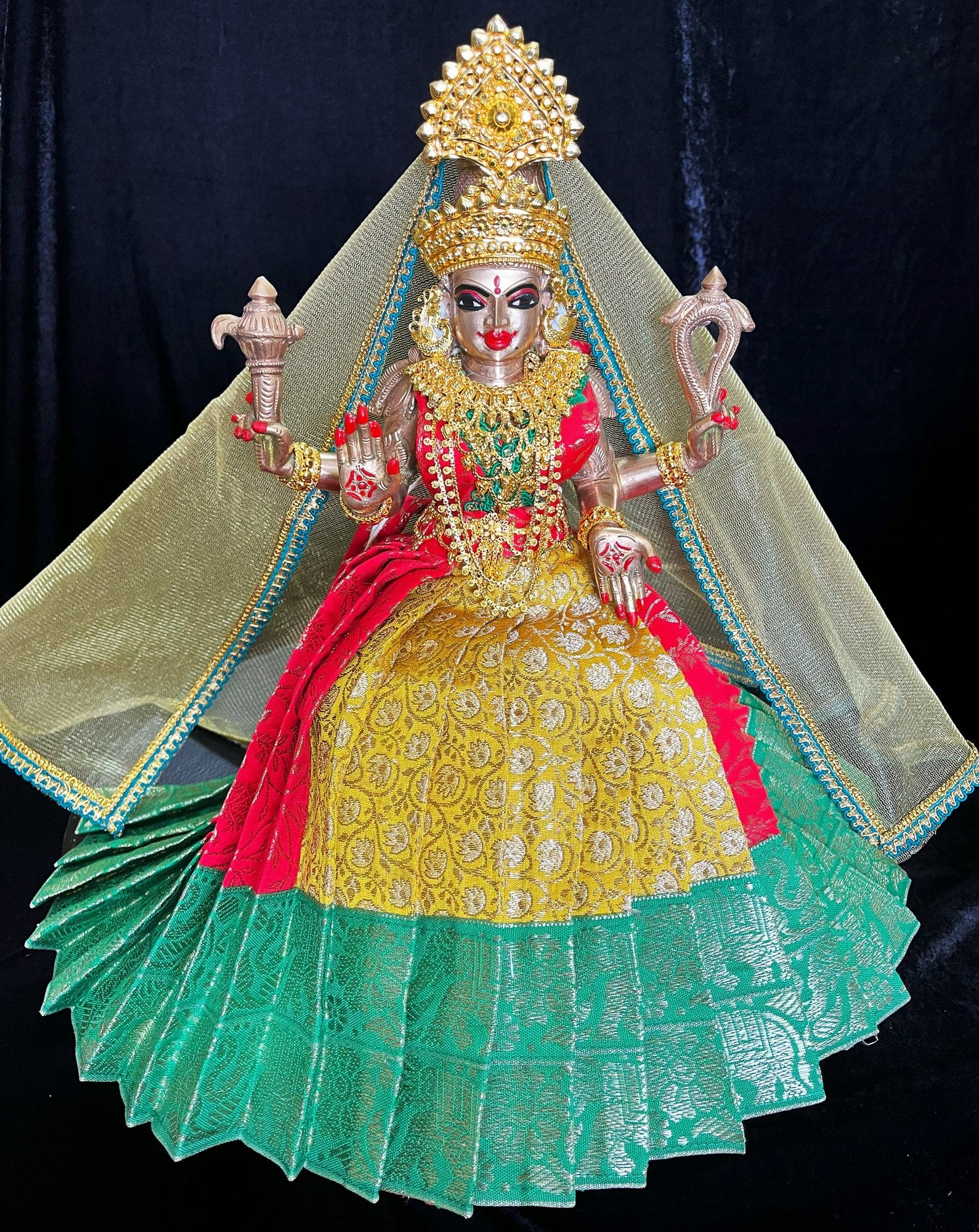 Deity half saree / lehenga patka made of Brocade Silk Fabric (Pure Silk) - Yellow and Red  Lehenga with Green  border and Gold net dupatta 2