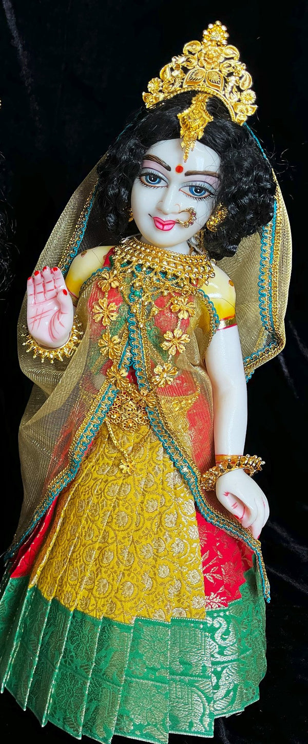 Deity half saree / lehenga patka made of Brocade Silk Fabric (Pure Silk) - Yellow and Red  Lehenga with Green  border and Gold net dupatta