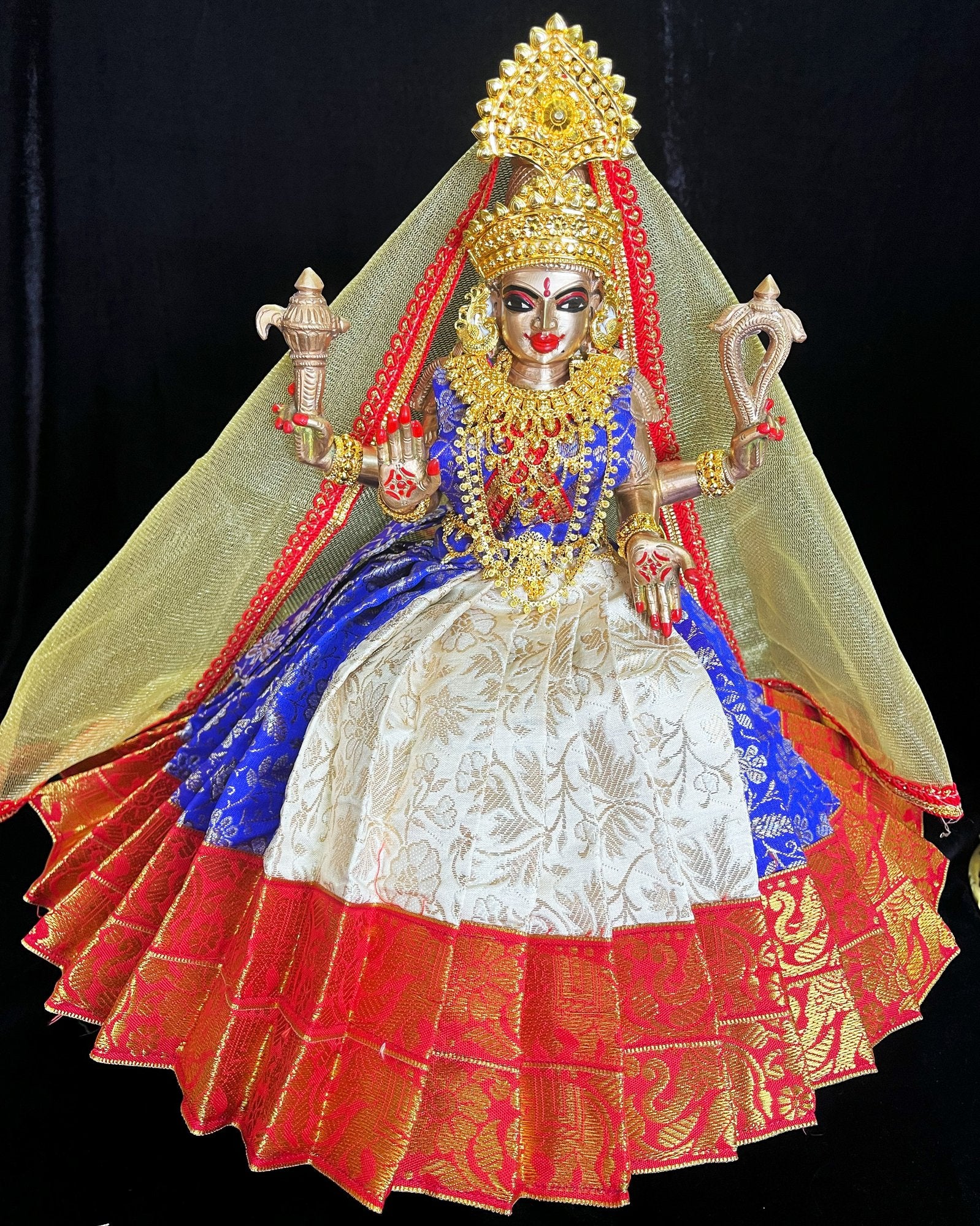 Deity half saree / lehenga patka made of Brocade Silk Fabric (Pure Silk) - Blue nd white Lehenga with Red border and Gold net dupatta 2
