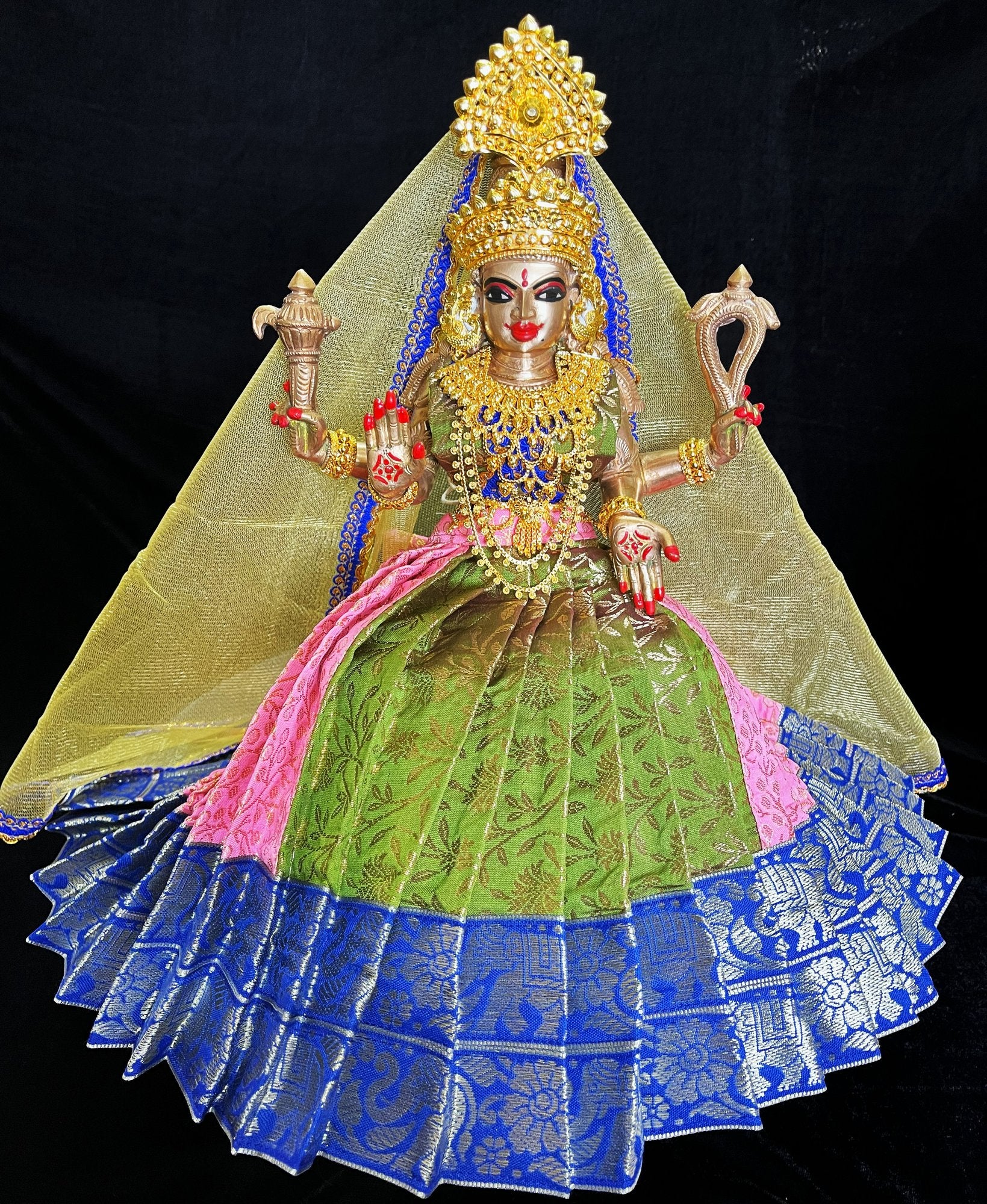 Deity half saree / lehenga patka made of Brocade Silk Fabric (Pure Silk) - Sap Green and Baby Pink Lehenga with Blue border and Gold net dupatta 2