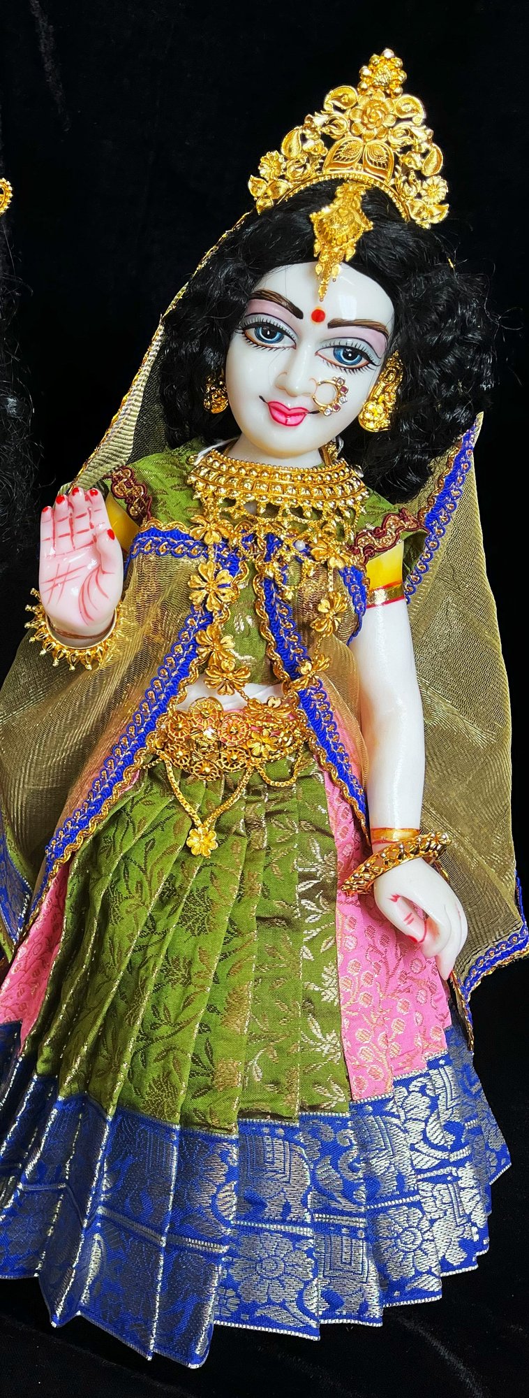 Deity half saree / lehenga patka made of Brocade Silk Fabric (Pure Silk) - Sap Green and Baby Pink Lehenga with Blue border and Gold net dupatta