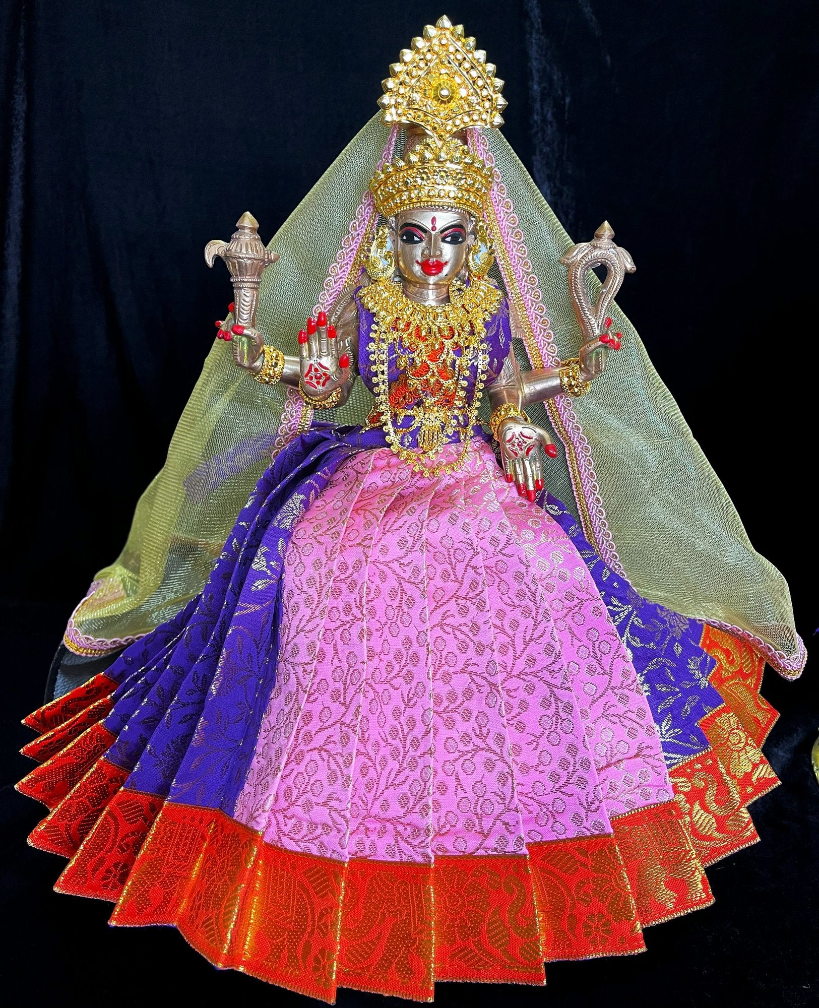 Deity half saree / lehenga patka made of Brocade Silk Fabric (Pure Silk) - Baby Pink and  Purple Lehenga with Orange border and Gold net dupatta 2