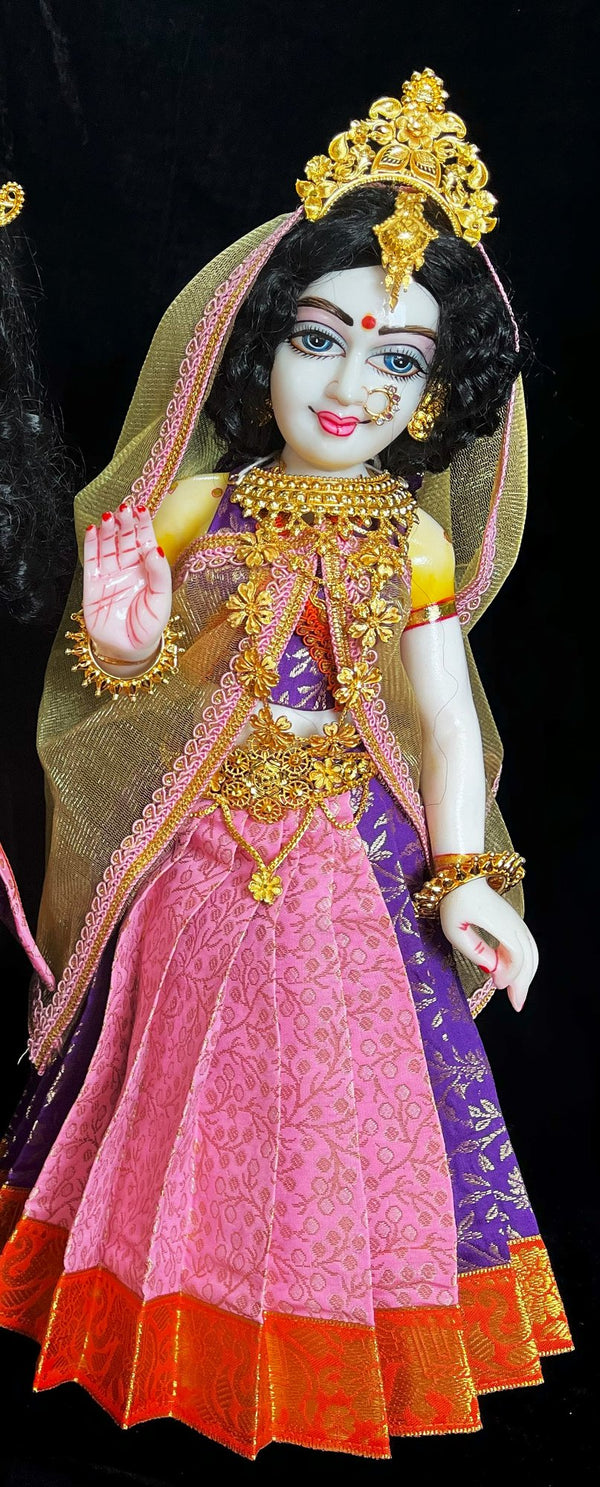 Deity half saree / lehenga patka made of Brocade Silk Fabric (Pure Silk) - Baby Pink and  Purple Lehenga with Orange border and Gold net dupatta