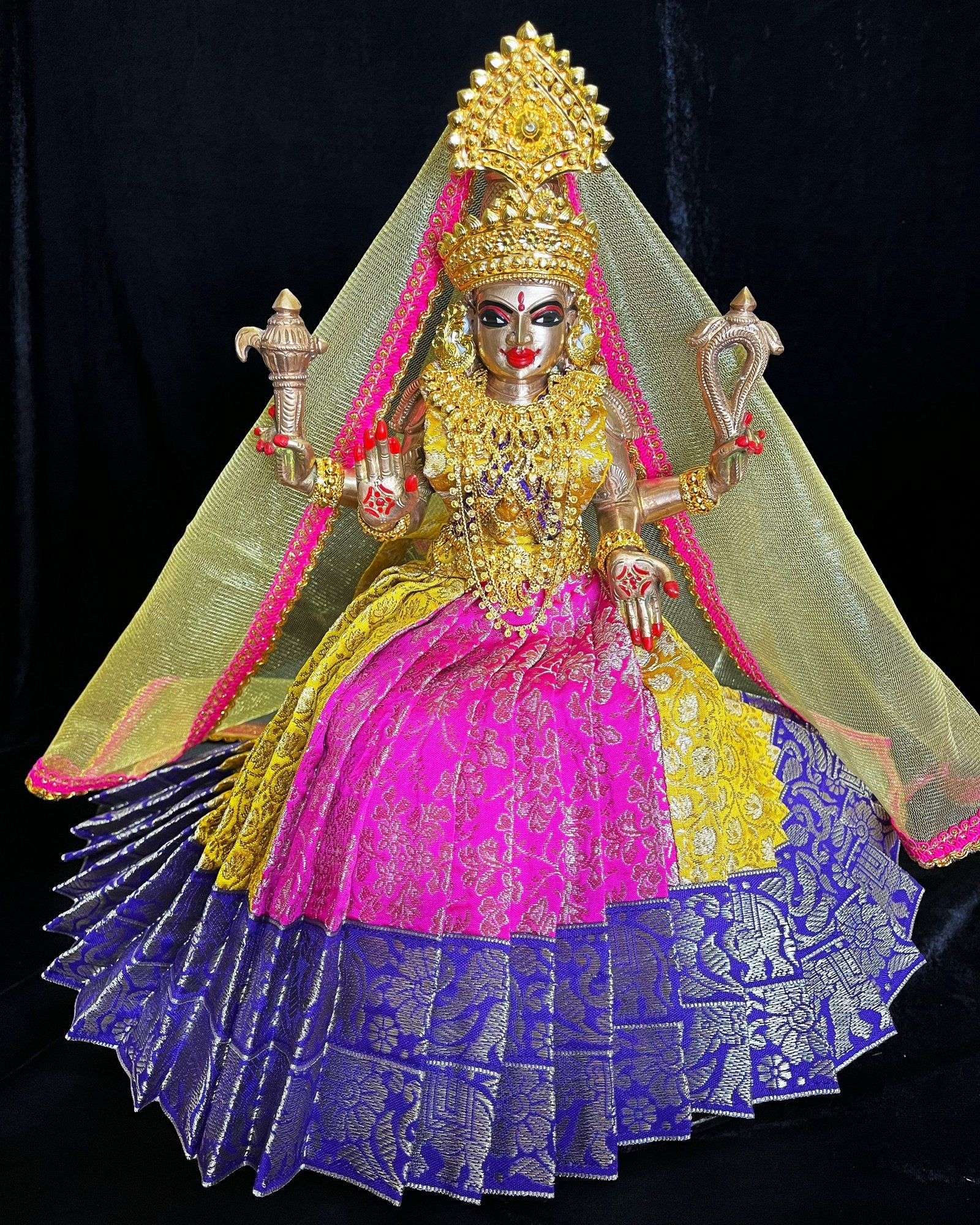 Deity half saree / lehenga patka made of Brocade Silk Fabric (Pure Silk) - Pink and Yellow Lehenga with Blue zari border and Gold net dupatta 2