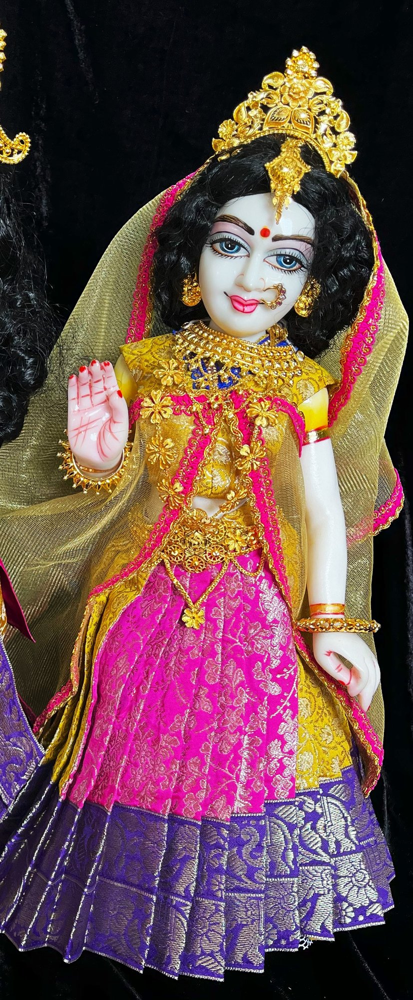 Deity half saree / lehenga patka made of Brocade Silk Fabric (Pure Silk) - Pink and Yellow Lehenga with Blue zari border and Gold net dupatta 1