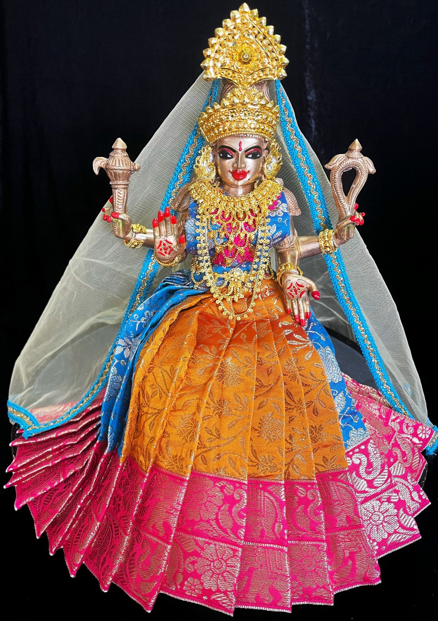 Deity half saree / lehenga patka made of Brocade Silk Fabric (Pure Silk) - Orange and Sky Blue Lehenga with  Pink border and Gold net dupatta 2