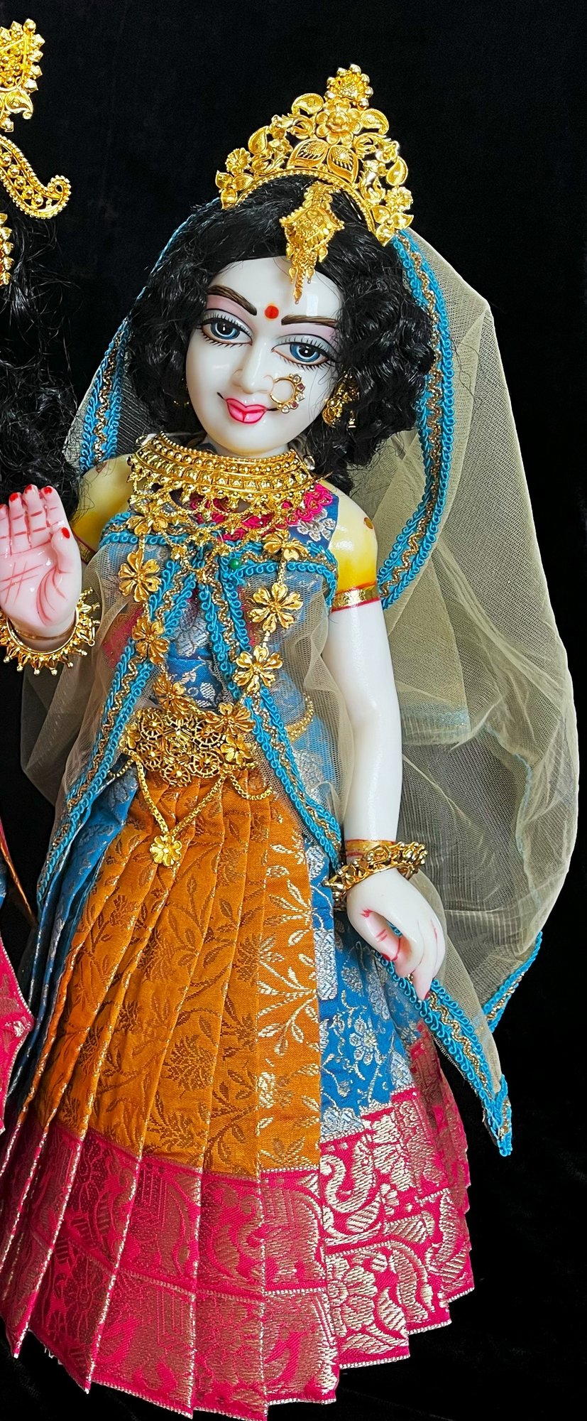 Deity half saree / lehenga patka made of Brocade Silk Fabric (Pure Silk) - Orange and Sky Blue Lehenga with  Pink border and Gold net dupatta 1