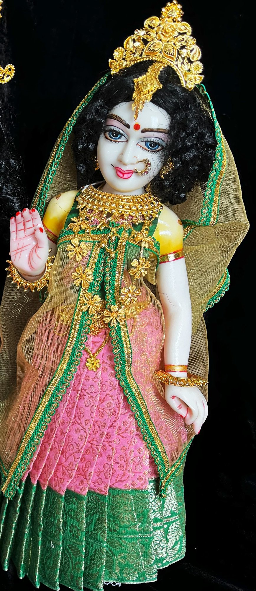 Deity half saree / lehenga patka made of Brocade Silk Fabric (Pure Silk) - Baby Pink lehenga with Green zari border and Gold net dupatta