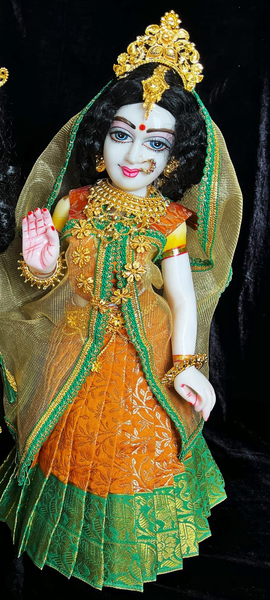 Deity half saree / lehenga patka made of Brocade Silk Fabric (Pure Silk) - Orange lehenga with Green zari border and Gold net dupatta 1