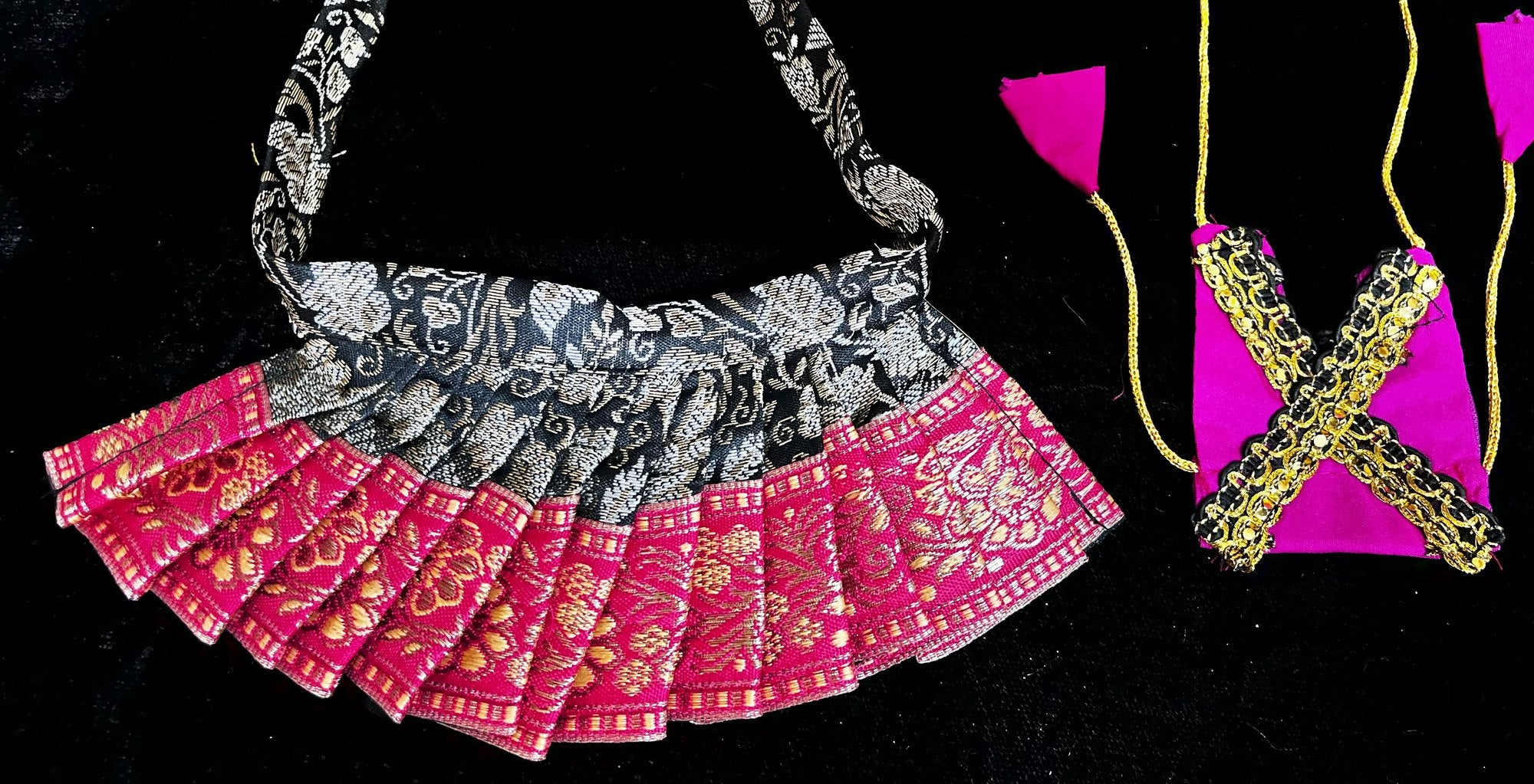 Deity half saree / lehenga patka made of Brocade Silk Fabric (Pure Silk) - Black brocade lehenga  with Pink zari border and Gold net dupatta 3