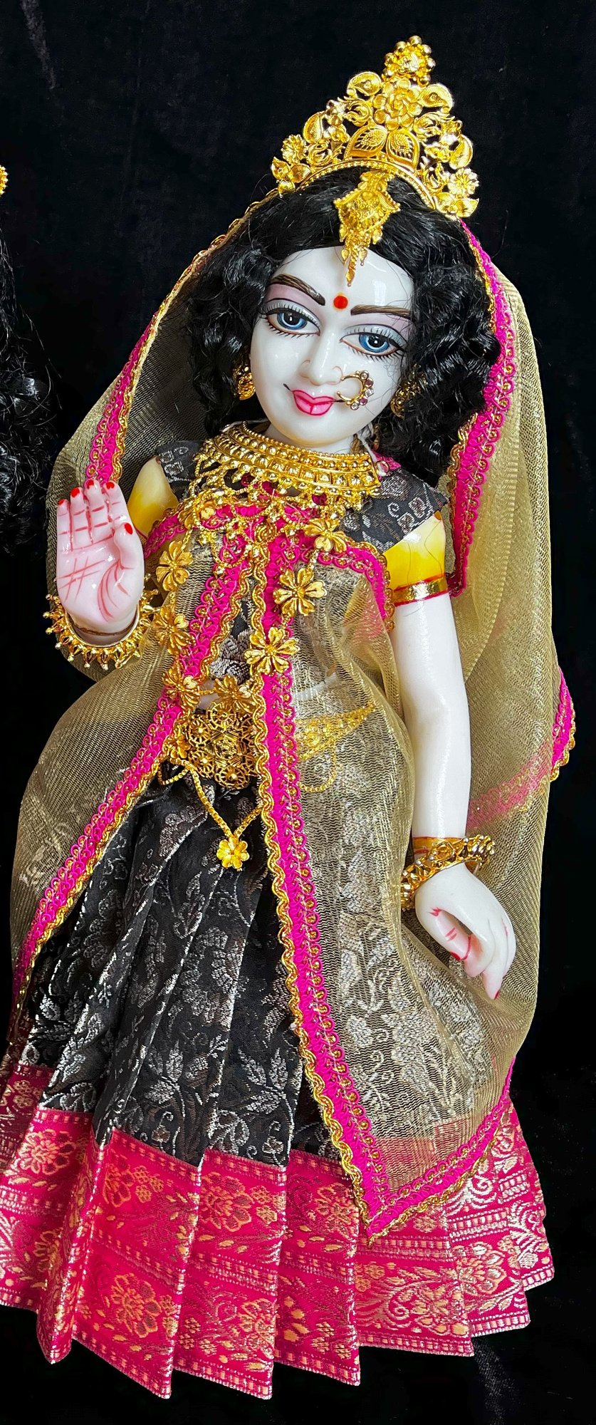 Deity half saree / lehenga patka made of Brocade Silk Fabric (Pure Silk) - Black brocade lehenga  with Pink zari border and Gold net dupatta 1