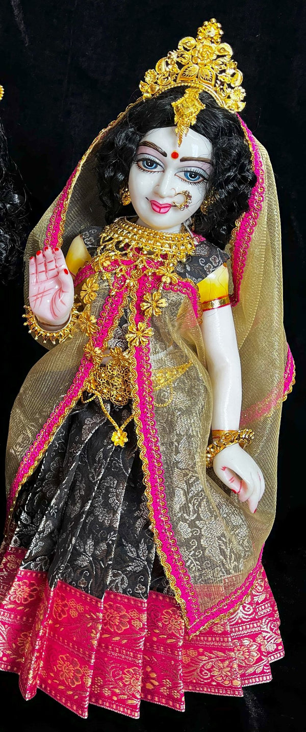 Deity half saree / lehenga patka made of Brocade Silk Fabric (Pure Silk) - Black brocade lehenga  with Pink zari border and Gold net dupatta
