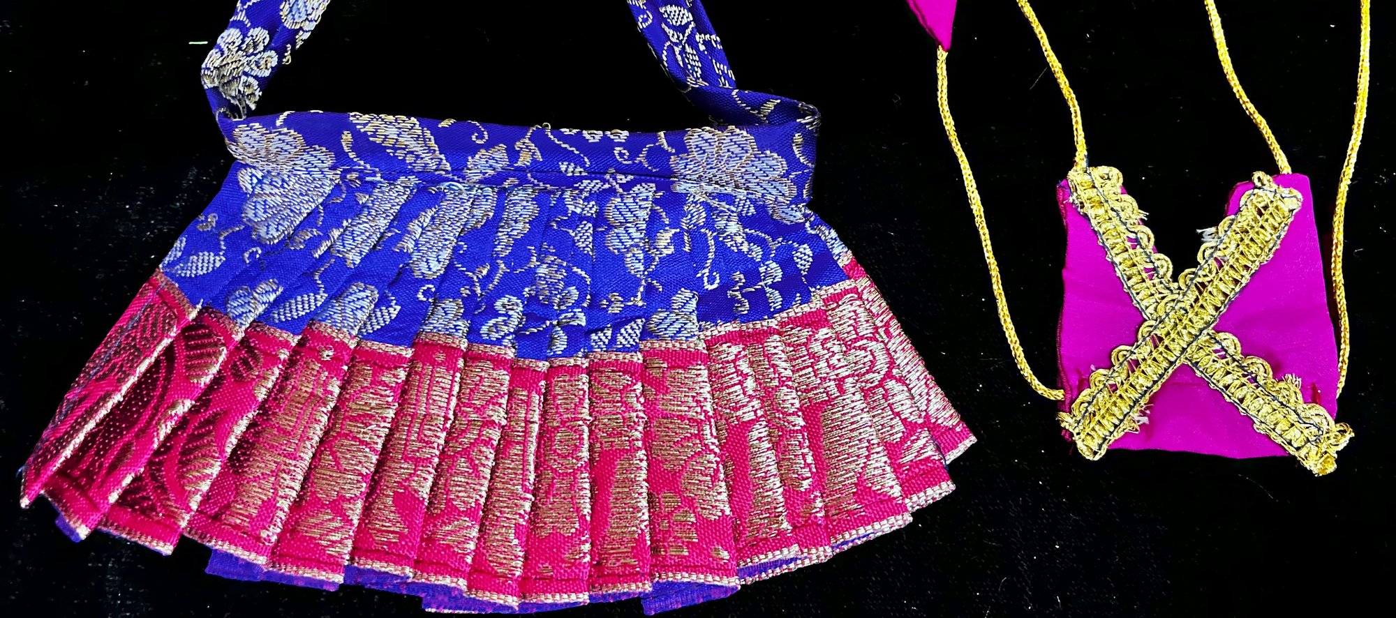 Deity half saree / lehenga patka made of Brocade Silk Fabric (Pure Silk) - Royal Blue brocade lehenga  with Pink zari border and Gold net dupatta 3