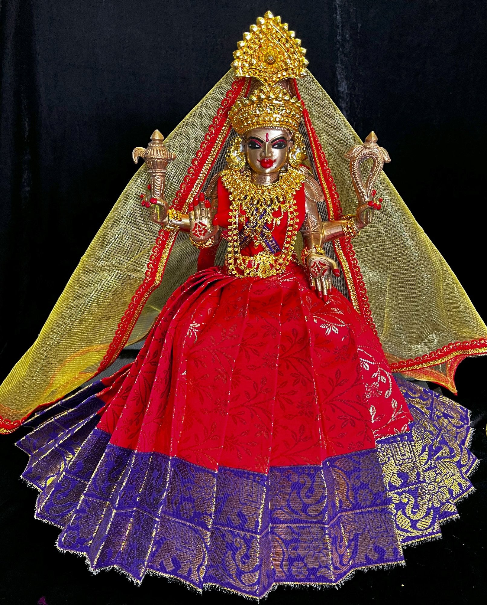 Deity half saree / lehenga patka made of Brocade Silk Fabric (Pure Silk) - Red brocade lehenga with  Blue  zari border and Gold net dupatta 2