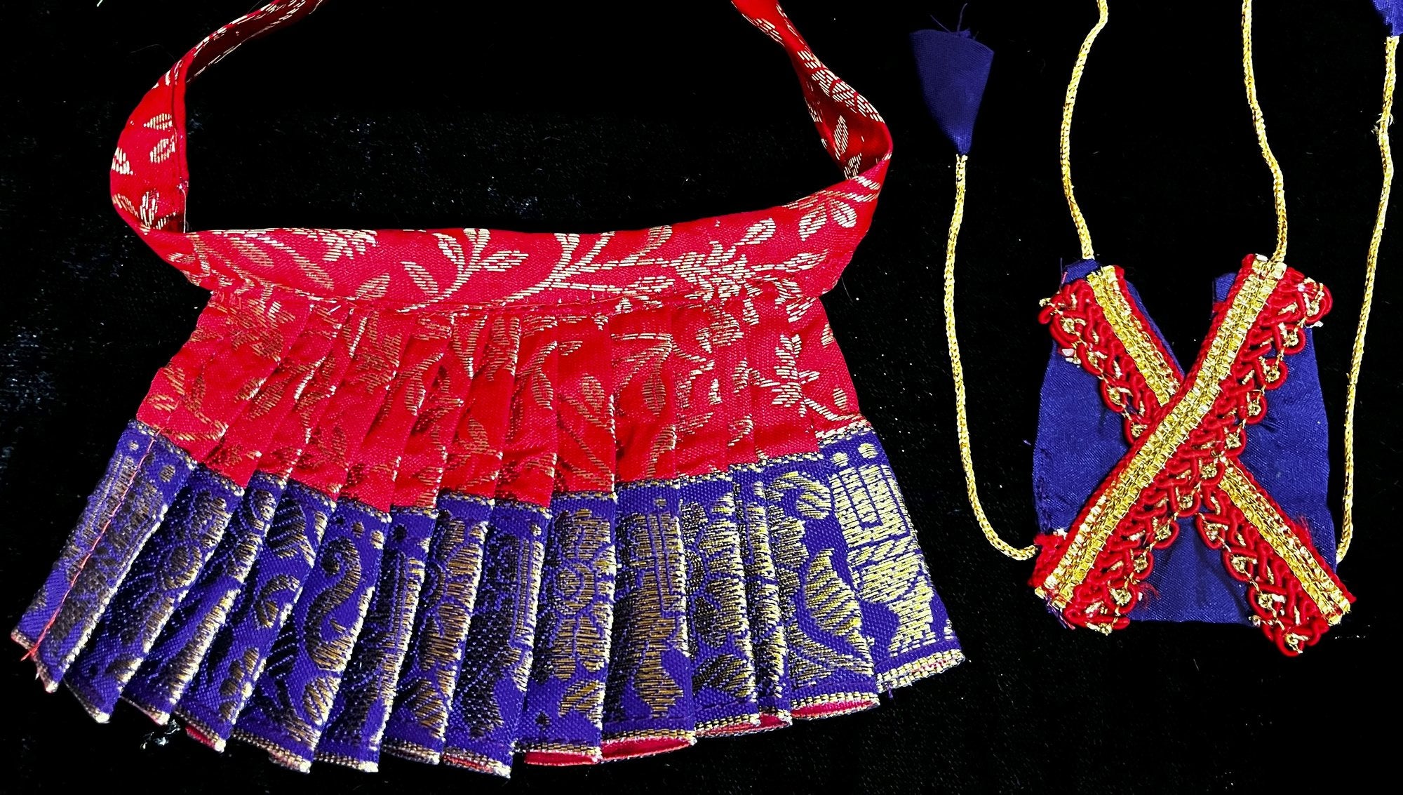 Deity half saree / lehenga patka made of Brocade Silk Fabric (Pure Silk) - Red brocade lehenga with  Blue  zari border and Gold net dupatta 3