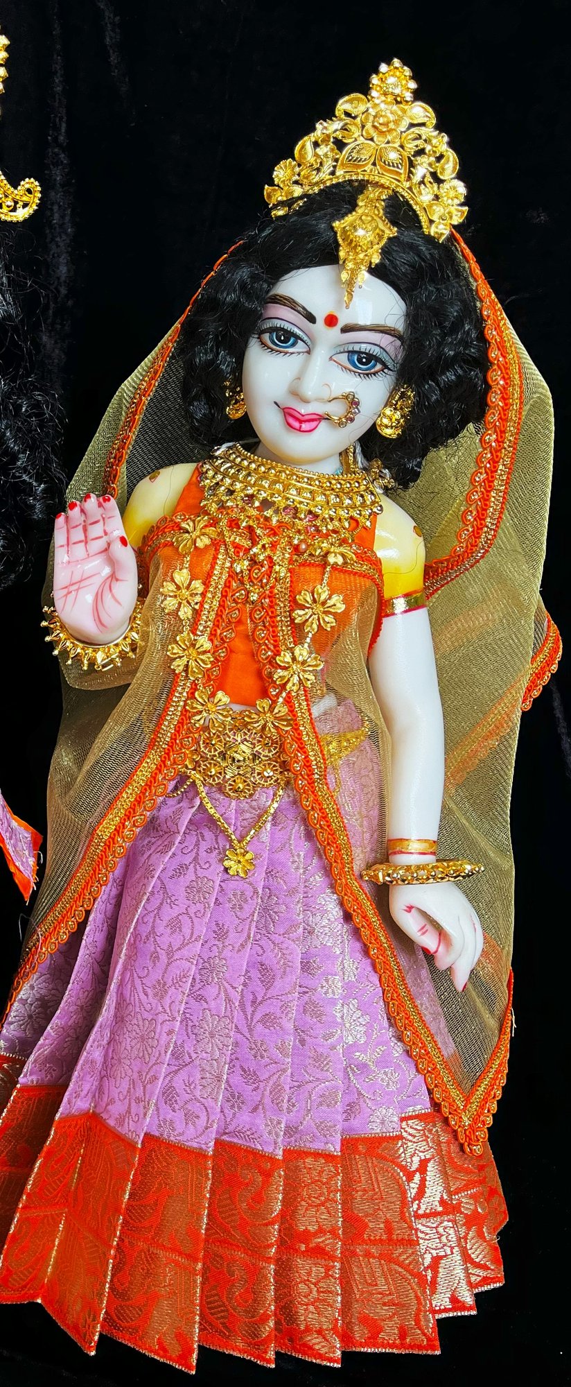 Deity half saree / lehenga patka made of Brocade Silk Fabric (Pure Silk) - Lilac Pink lehenga with Orange zari border and Gold net dupatta 1