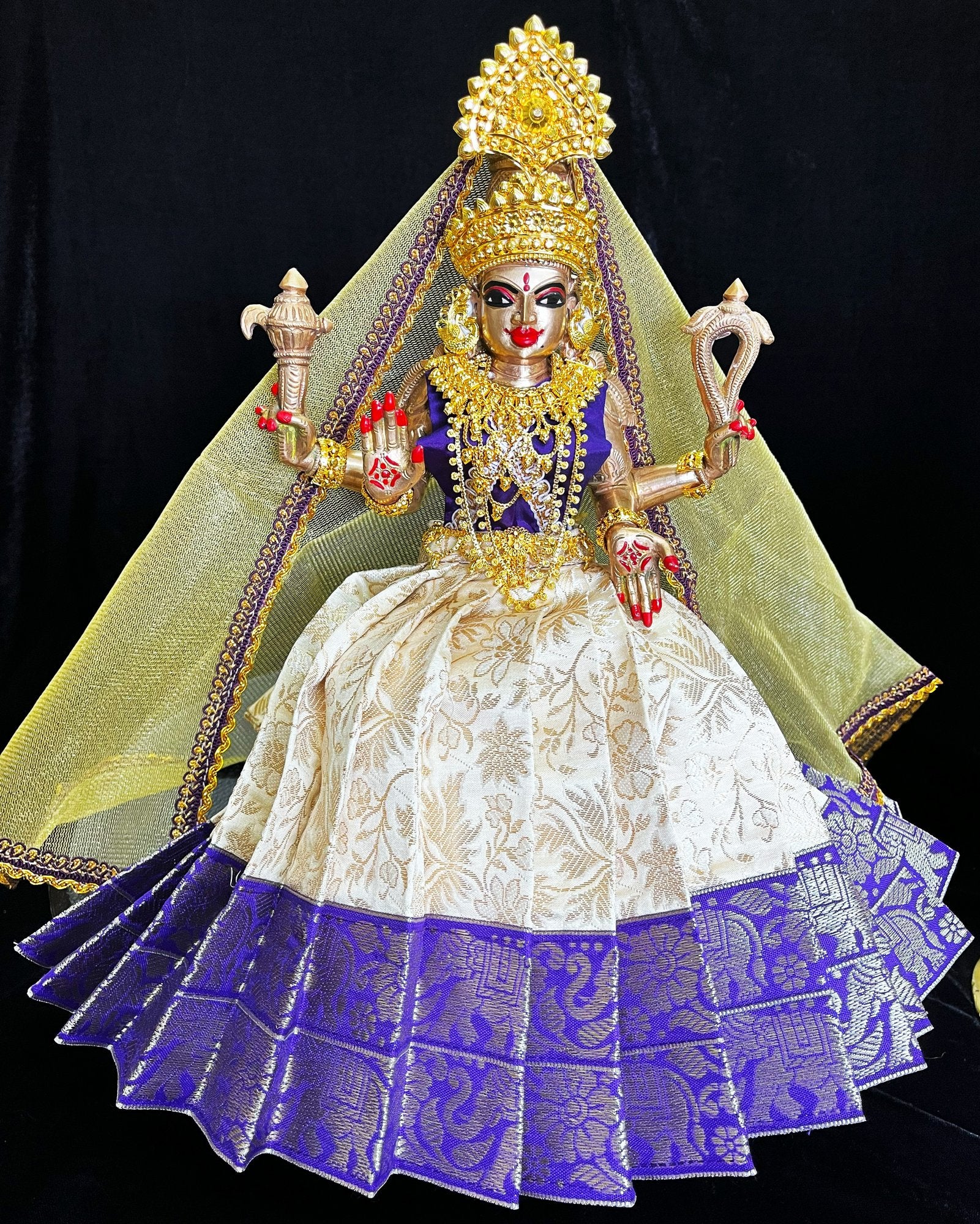 Deity half saree / lehenga patka made of Brocade Silk Fabric (Pure Silk) - White lehenga with  Blue border and Gold net dupatta 2
