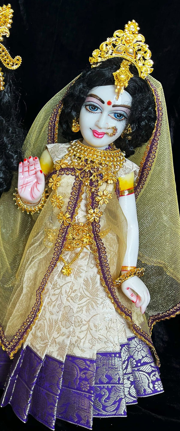 Deity half saree / lehenga patka made of Brocade Silk Fabric (Pure Silk) - White lehenga with  Blue border and Gold net dupatta