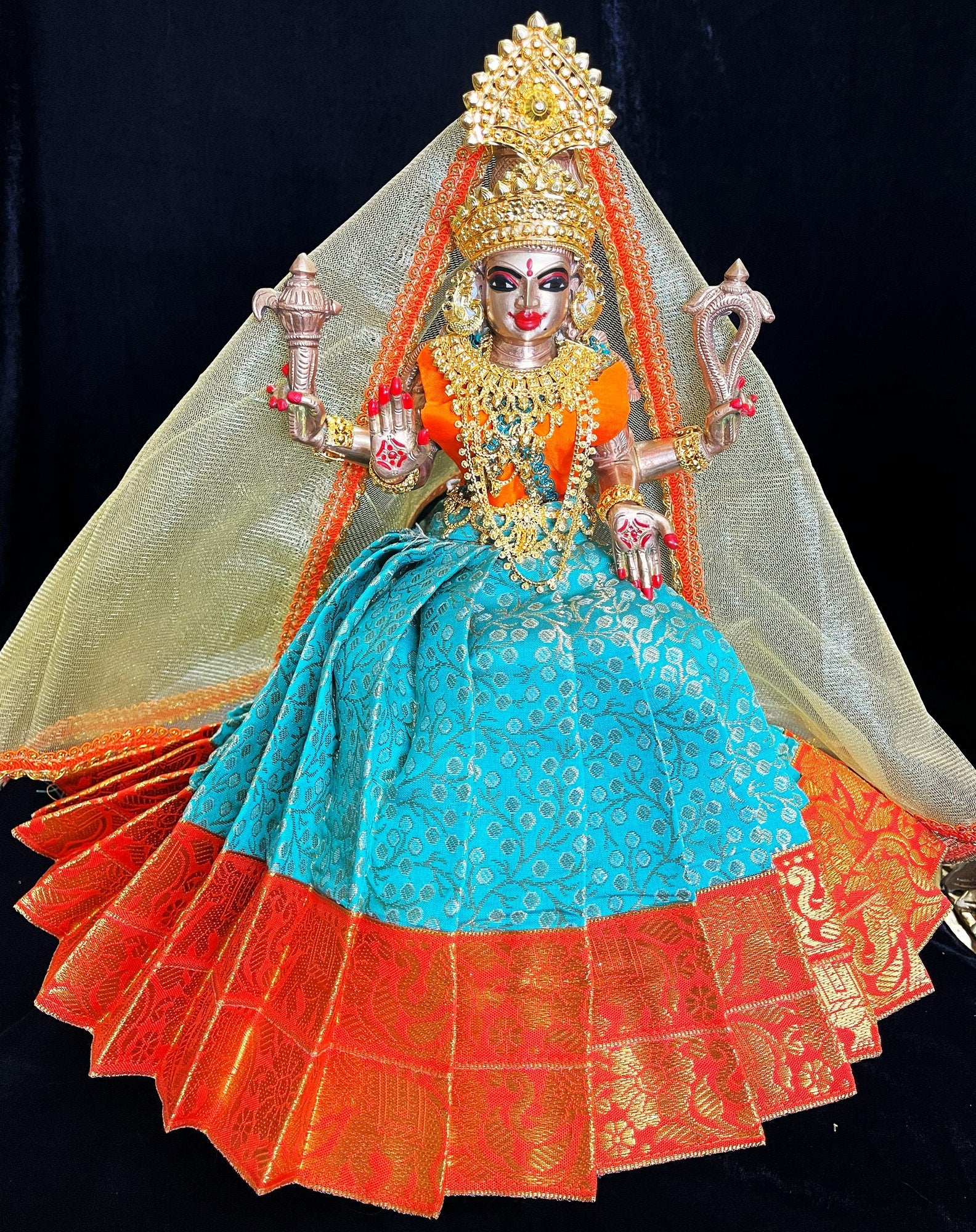 Deity half saree / lehenga patka made of Brocade Silk Fabric (Pure Silk) - Teal Blue lehenga with  Orange with Gold zari border and Gold net dupatta 2