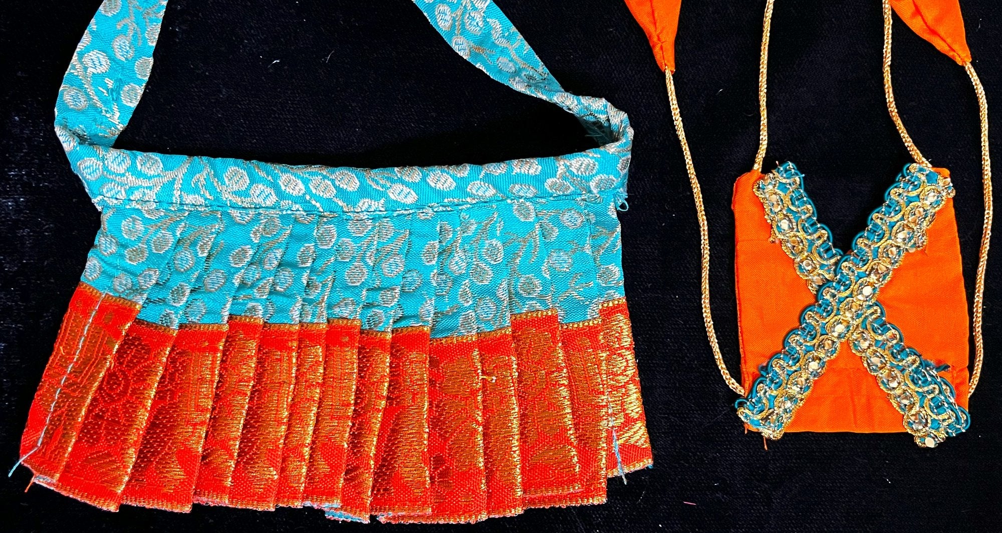 Deity half saree / lehenga patka made of Brocade Silk Fabric (Pure Silk) - Teal Blue lehenga with  Orange with Gold zari border and Gold net dupatta 3